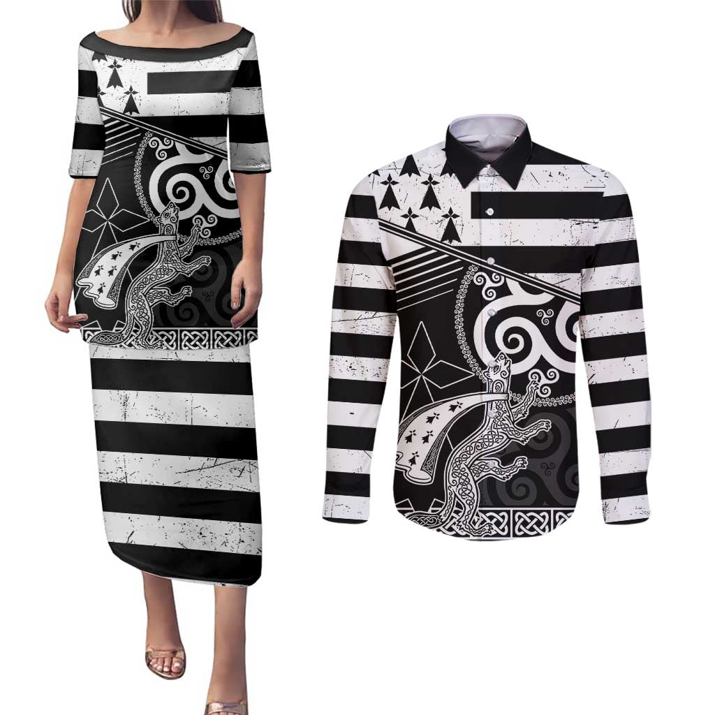 Brittany Ermine Celtic Couples Matching Puletasi and Long Sleeve Button Shirt Black Celtic Triskels - Wonder Print Shop