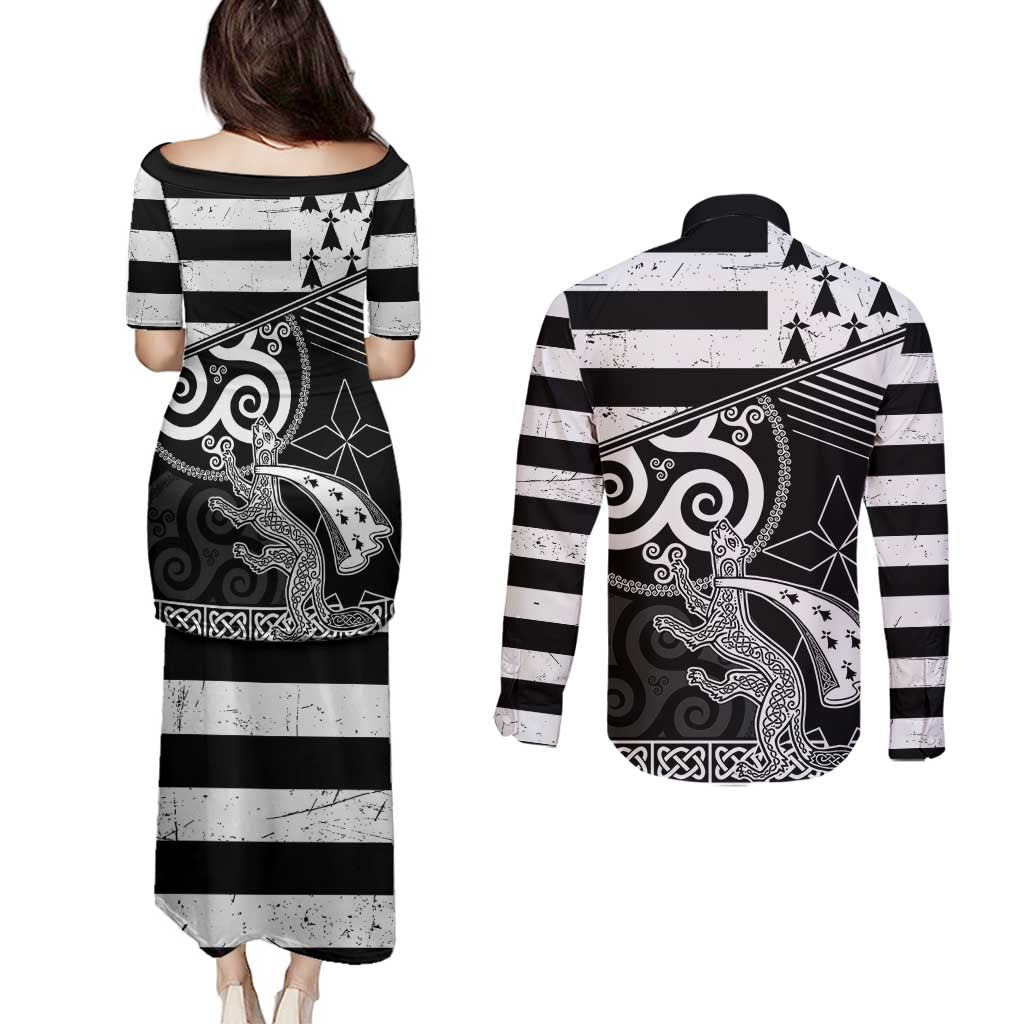 Brittany Ermine Celtic Couples Matching Puletasi and Long Sleeve Button Shirt Black Celtic Triskels - Wonder Print Shop