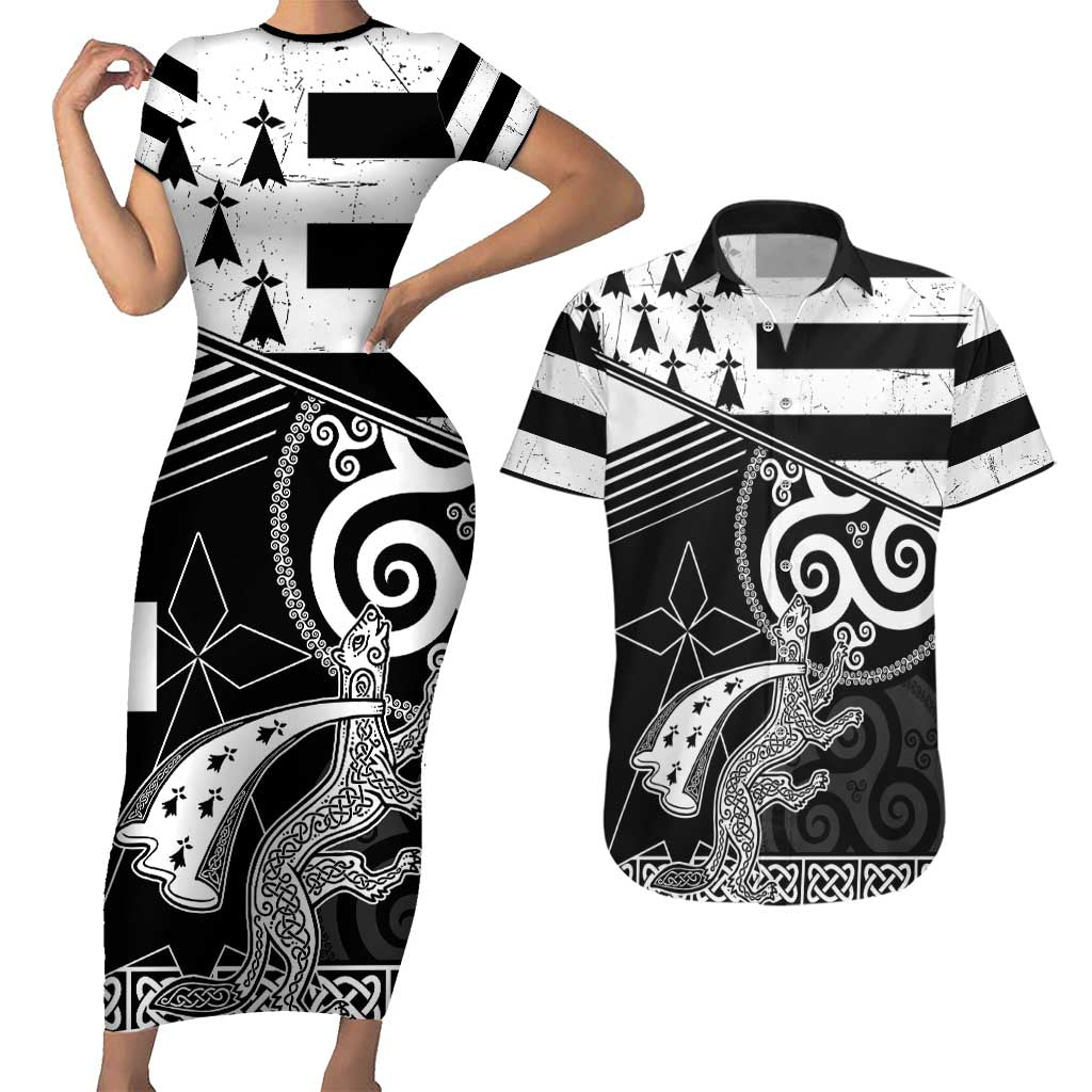 Brittany Ermine Celtic Couples Matching Short Sleeve Bodycon Dress and Hawaiian Shirt Black Celtic Triskels - Wonder Print Shop