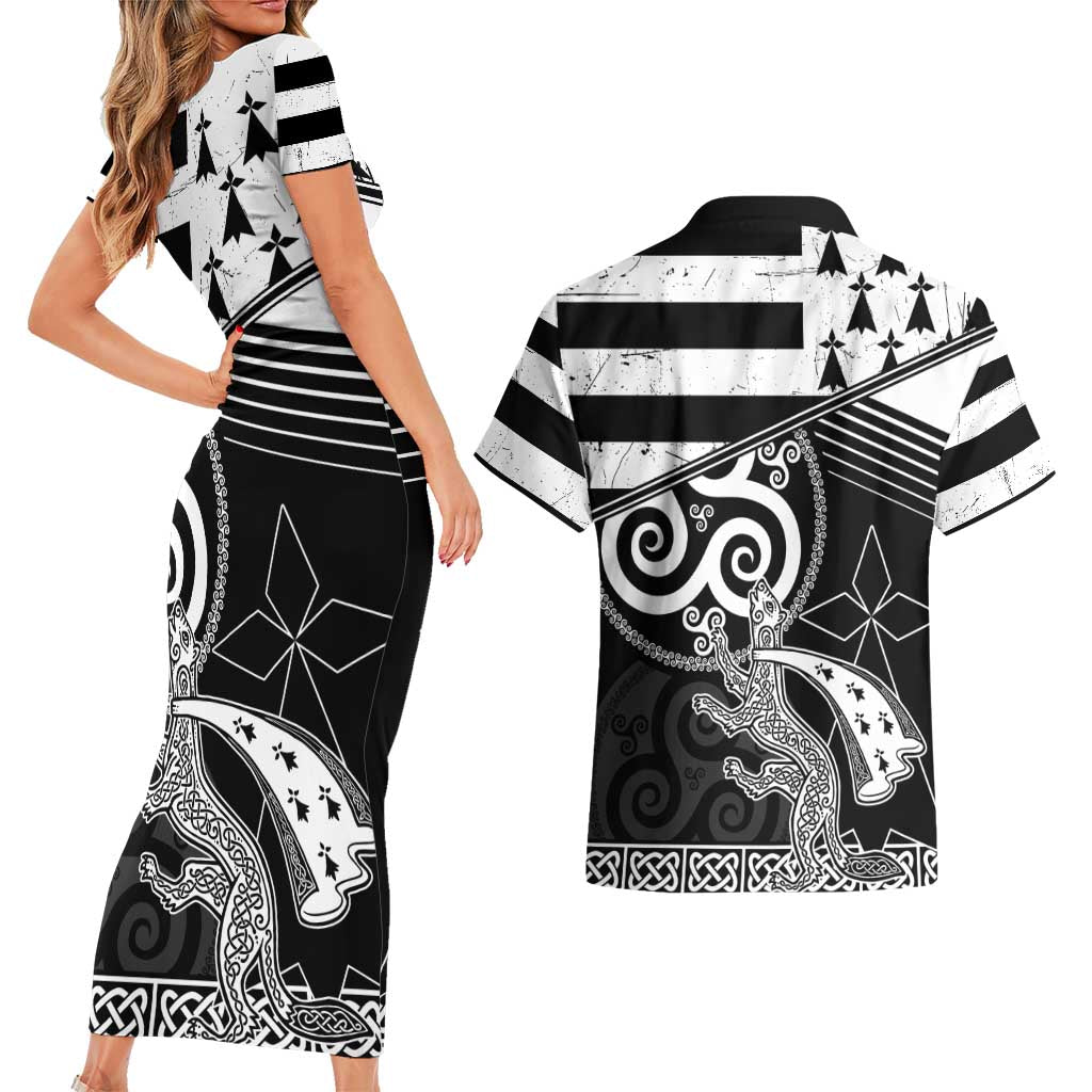 Brittany Ermine Celtic Couples Matching Short Sleeve Bodycon Dress and Hawaiian Shirt Black Celtic Triskels - Wonder Print Shop