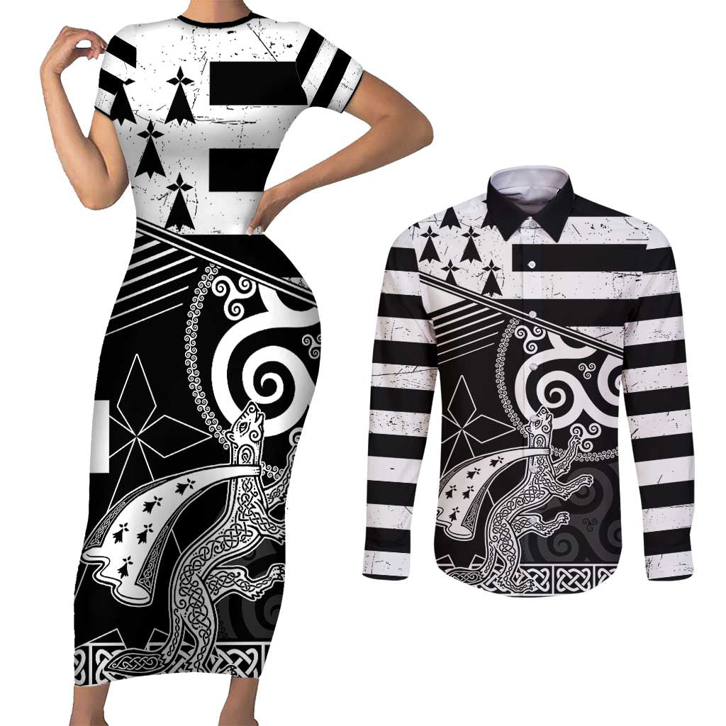 Brittany Ermine Celtic Couples Matching Short Sleeve Bodycon Dress and Long Sleeve Button Shirt Black Celtic Triskels - Wonder Print Shop