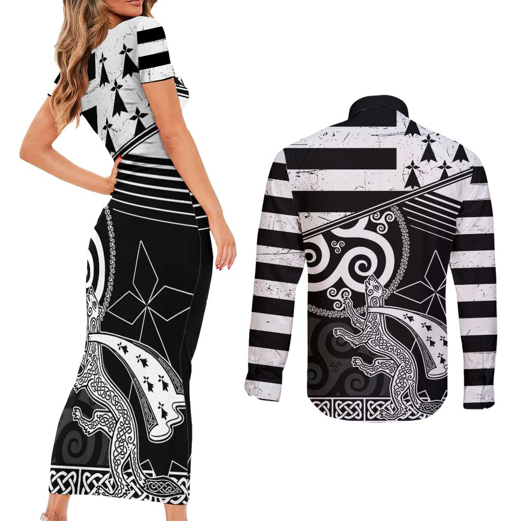 Brittany Ermine Celtic Couples Matching Short Sleeve Bodycon Dress and Long Sleeve Button Shirt Black Celtic Triskels - Wonder Print Shop