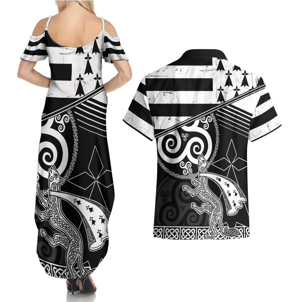 Brittany Ermine Celtic Couples Matching Summer Maxi Dress and Hawaiian Shirt Black Celtic Triskels - Wonder Print Shop