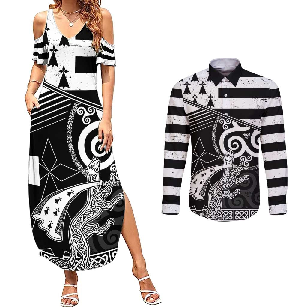Brittany Ermine Celtic Couples Matching Summer Maxi Dress and Long Sleeve Button Shirt Black Celtic Triskels - Wonder Print Shop