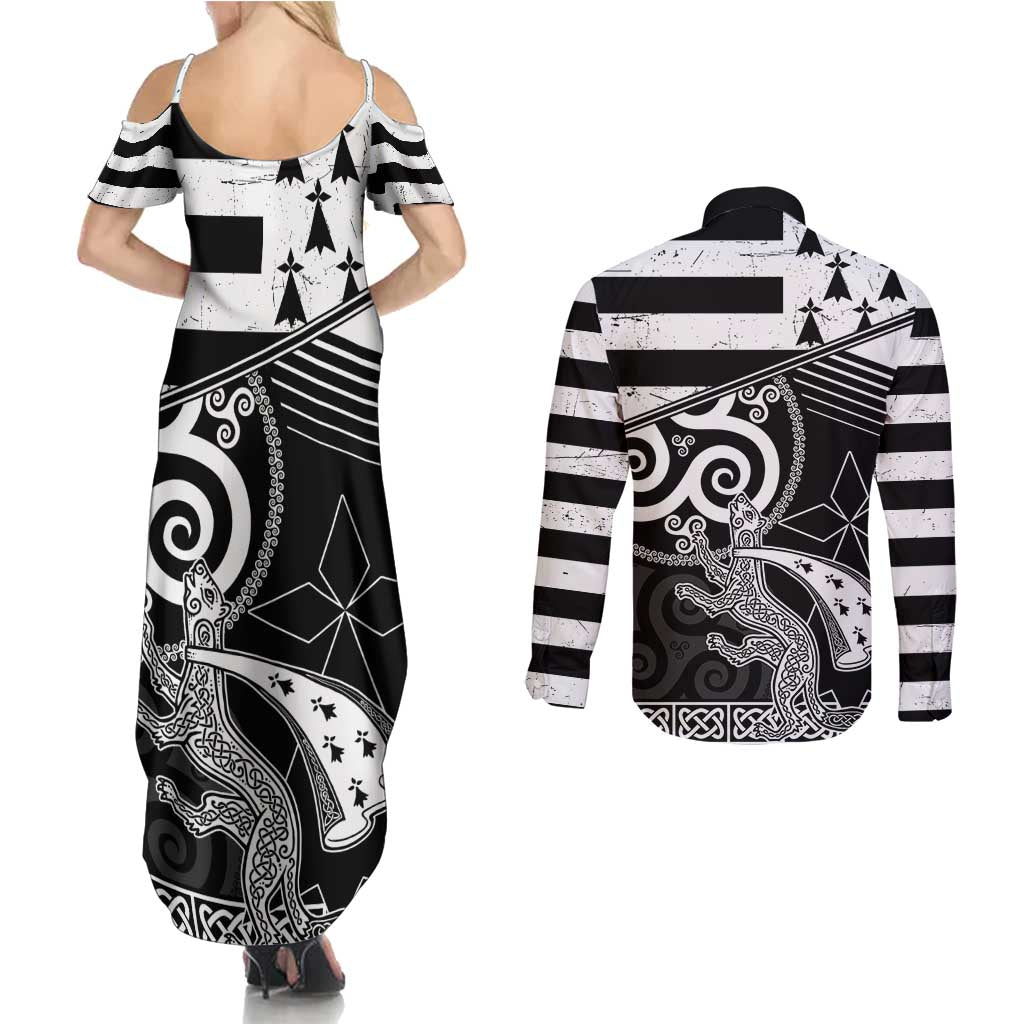 Brittany Ermine Celtic Couples Matching Summer Maxi Dress and Long Sleeve Button Shirt Black Celtic Triskels - Wonder Print Shop