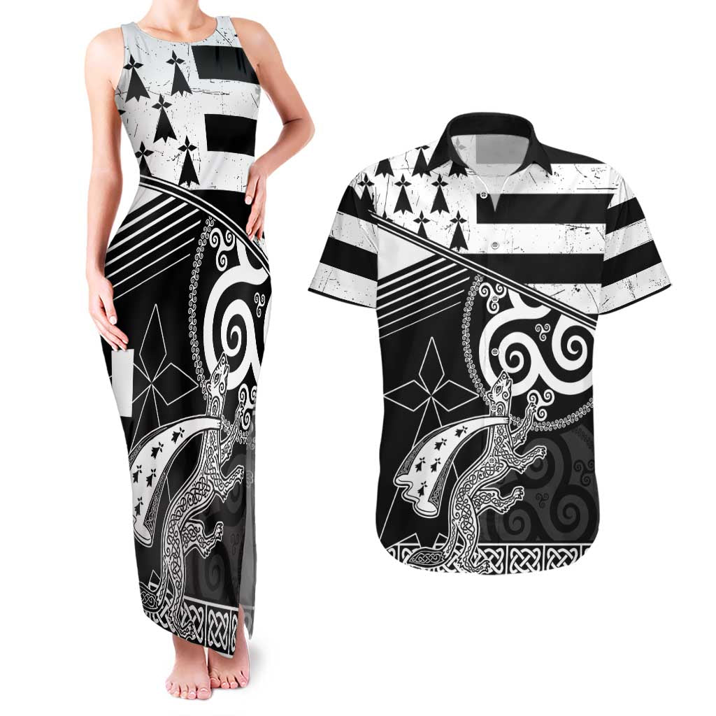 Brittany Ermine Celtic Couples Matching Tank Maxi Dress and Hawaiian Shirt Black Celtic Triskels - Wonder Print Shop