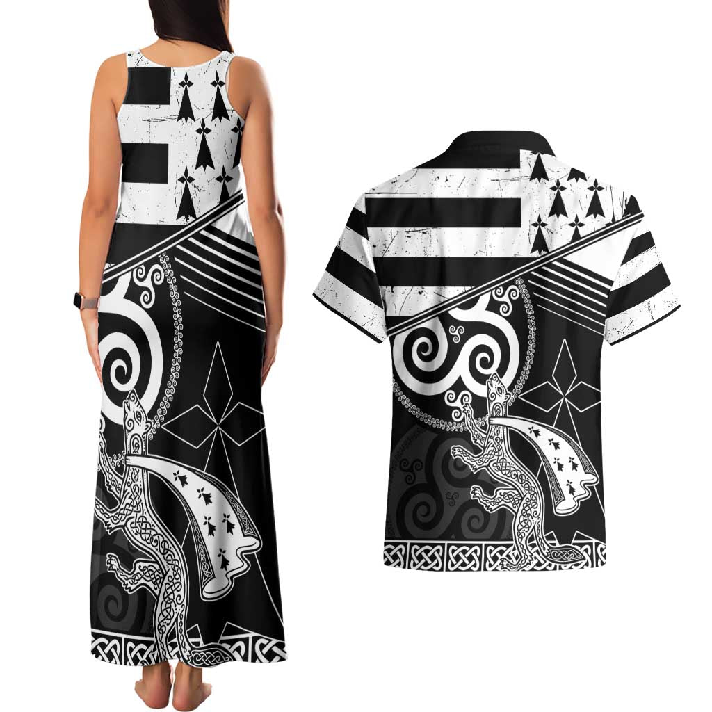 Brittany Ermine Celtic Couples Matching Tank Maxi Dress and Hawaiian Shirt Black Celtic Triskels - Wonder Print Shop