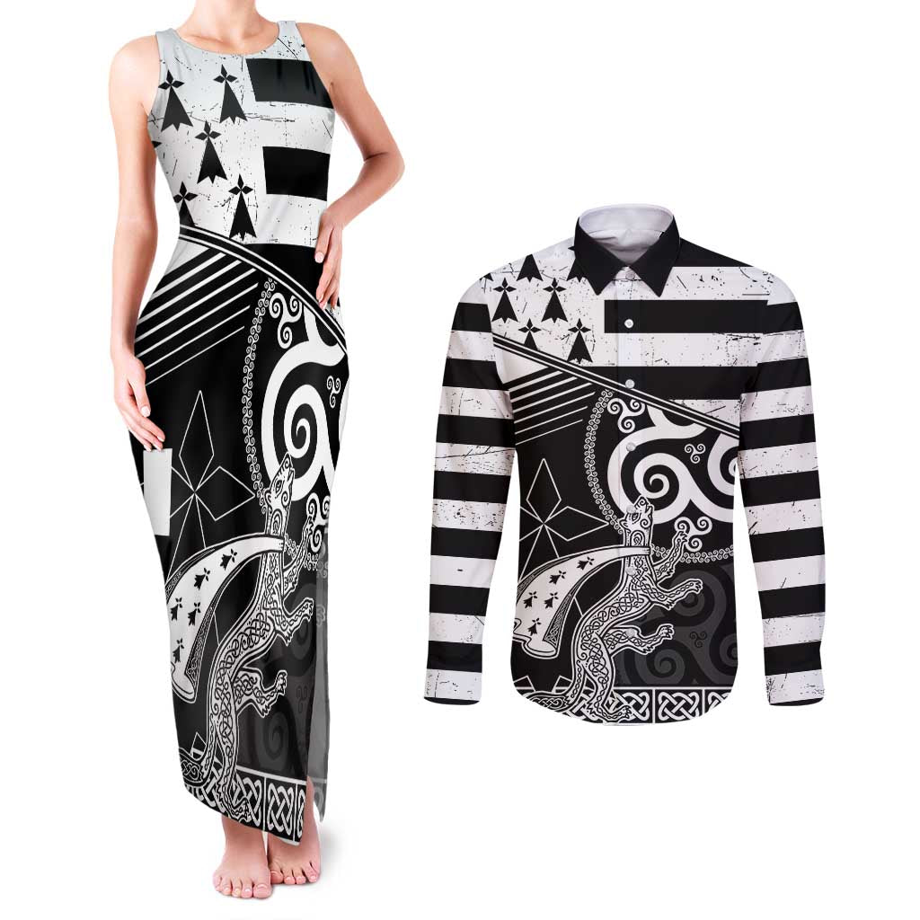 Brittany Ermine Celtic Couples Matching Tank Maxi Dress and Long Sleeve Button Shirt Black Celtic Triskels - Wonder Print Shop