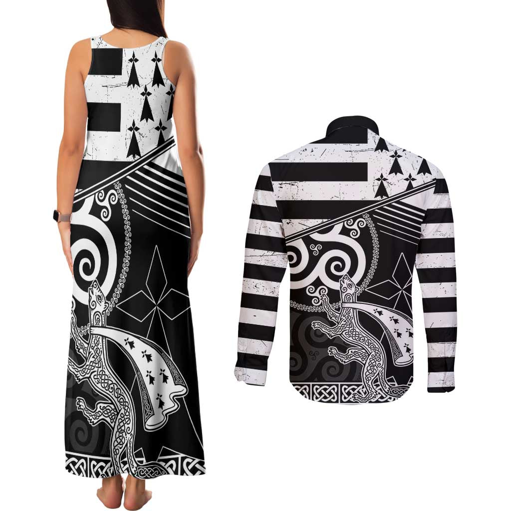 Brittany Ermine Celtic Couples Matching Tank Maxi Dress and Long Sleeve Button Shirt Black Celtic Triskels - Wonder Print Shop