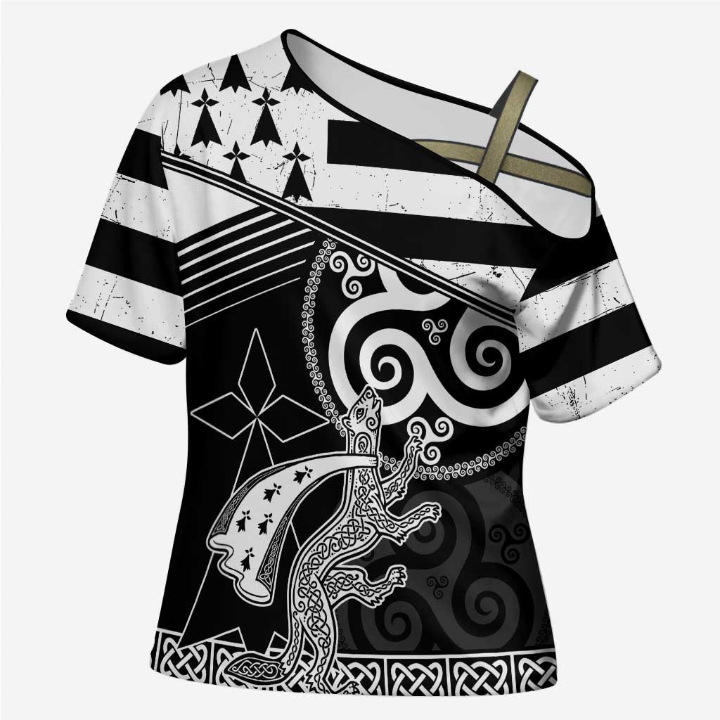 Brittany Ermine Celtic Cross Shoulder Shirt Black Celtic Triskels - Wonder Print Shop