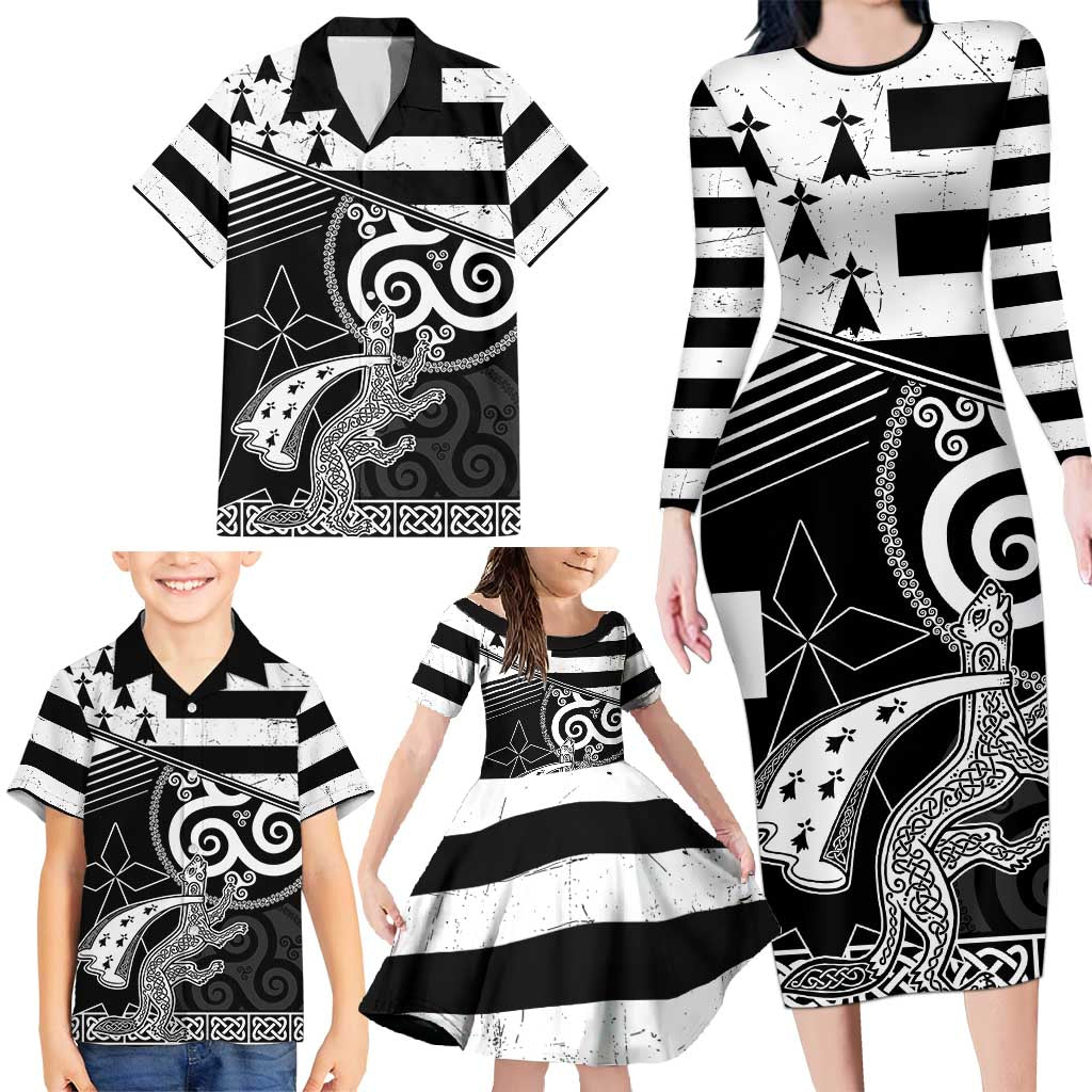 Brittany Ermine Celtic Family Matching Long Sleeve Bodycon Dress and Hawaiian Shirt Black Celtic Triskels - Wonder Print Shop