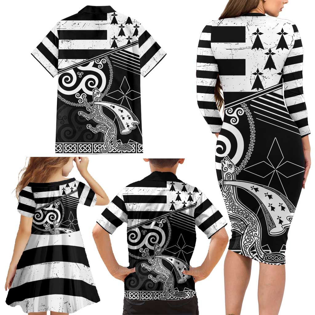 Brittany Ermine Celtic Family Matching Long Sleeve Bodycon Dress and Hawaiian Shirt Black Celtic Triskels - Wonder Print Shop