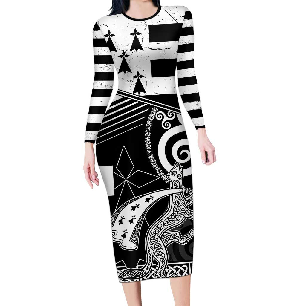 Brittany Ermine Celtic Family Matching Long Sleeve Bodycon Dress and Hawaiian Shirt Black Celtic Triskels - Wonder Print Shop