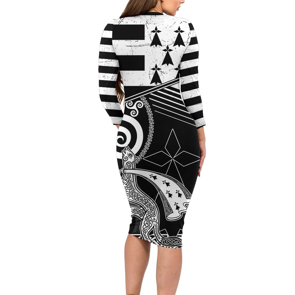 Brittany Ermine Celtic Family Matching Long Sleeve Bodycon Dress and Hawaiian Shirt Black Celtic Triskels - Wonder Print Shop