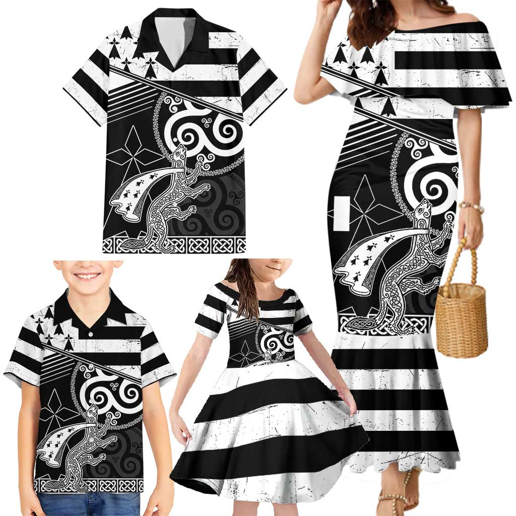 Brittany Ermine Celtic Family Matching Mermaid Dress and Hawaiian Shirt Black Celtic Triskels - Wonder Print Shop