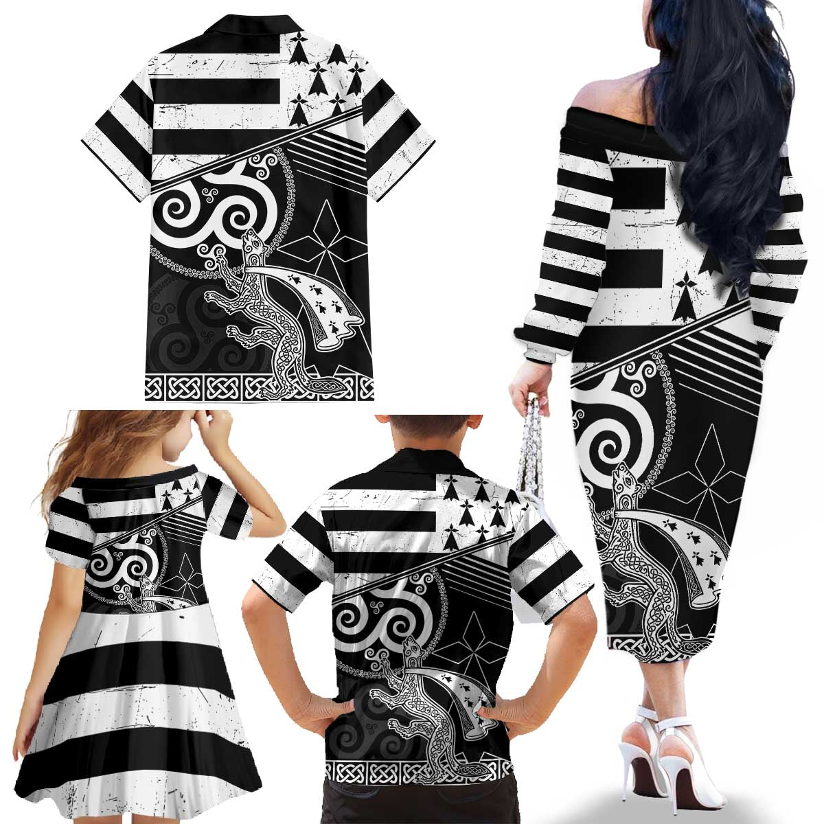 Brittany Ermine Celtic Family Matching Off The Shoulder Long Sleeve Dress and Hawaiian Shirt Black Celtic Triskels - Wonder Print Shop