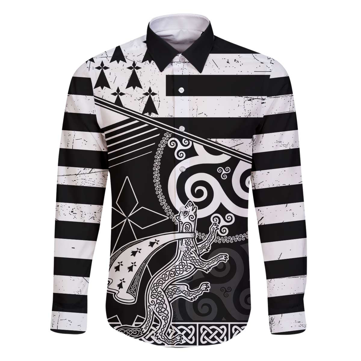 Brittany Ermine Celtic Family Matching Off The Shoulder Long Sleeve Dress and Hawaiian Shirt Black Celtic Triskels - Wonder Print Shop