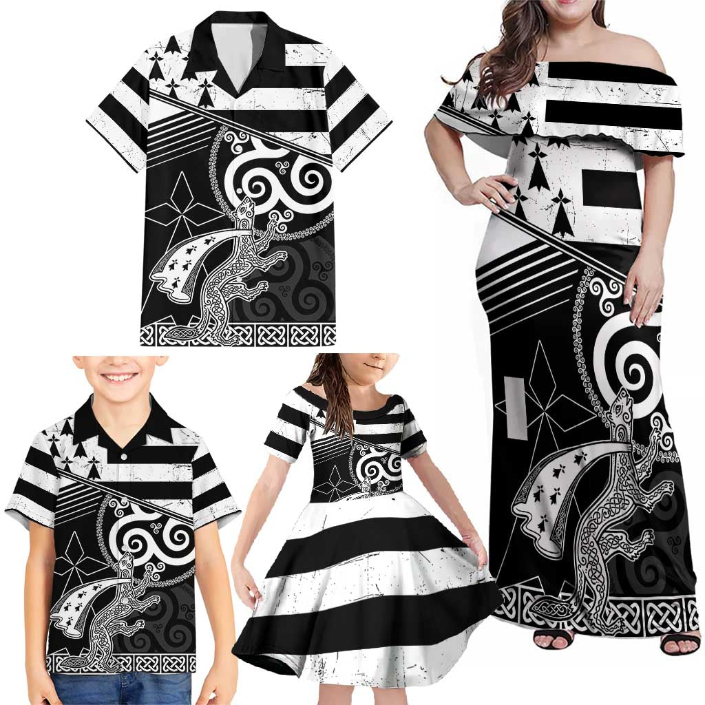 Brittany Ermine Celtic Family Matching Off Shoulder Maxi Dress and Hawaiian Shirt Black Celtic Triskels - Wonder Print Shop