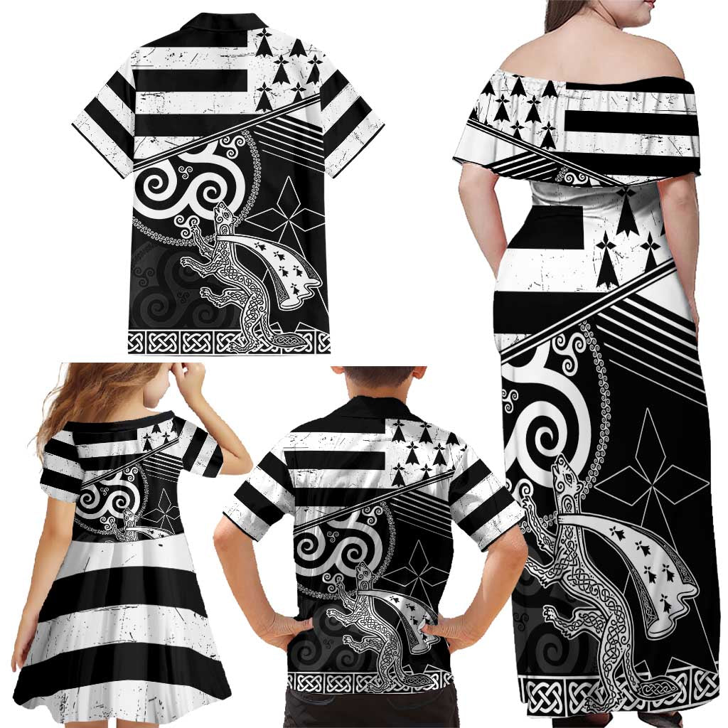 Brittany Ermine Celtic Family Matching Off Shoulder Maxi Dress and Hawaiian Shirt Black Celtic Triskels - Wonder Print Shop