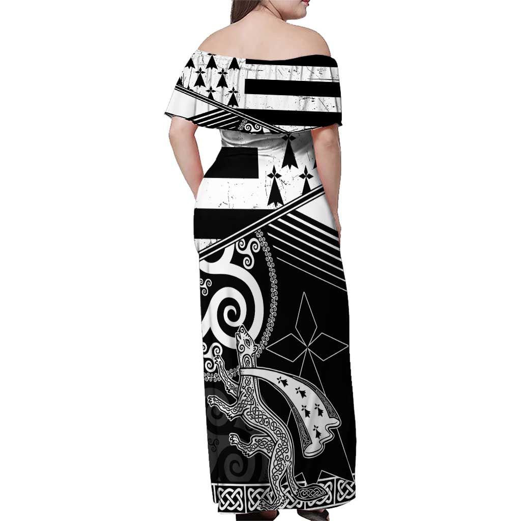 Brittany Ermine Celtic Family Matching Off Shoulder Maxi Dress and Hawaiian Shirt Black Celtic Triskels - Wonder Print Shop