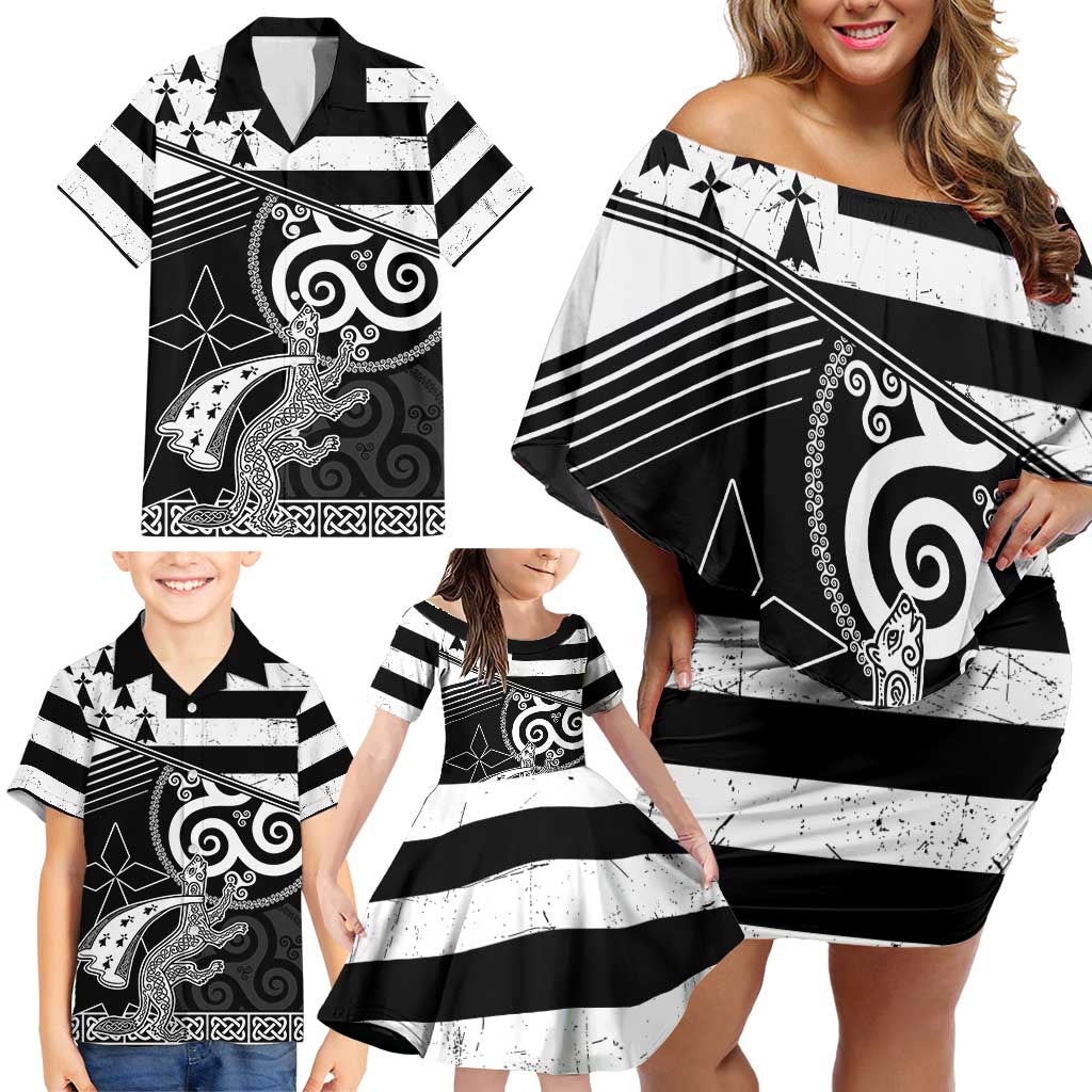Brittany Ermine Celtic Family Matching Off Shoulder Short Dress and Hawaiian Shirt Black Celtic Triskels - Wonder Print Shop