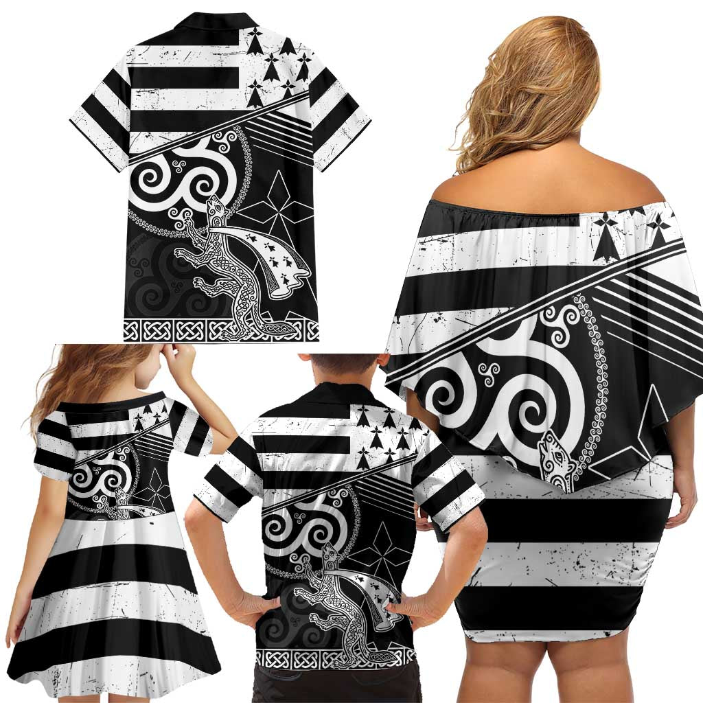 Brittany Ermine Celtic Family Matching Off Shoulder Short Dress and Hawaiian Shirt Black Celtic Triskels - Wonder Print Shop
