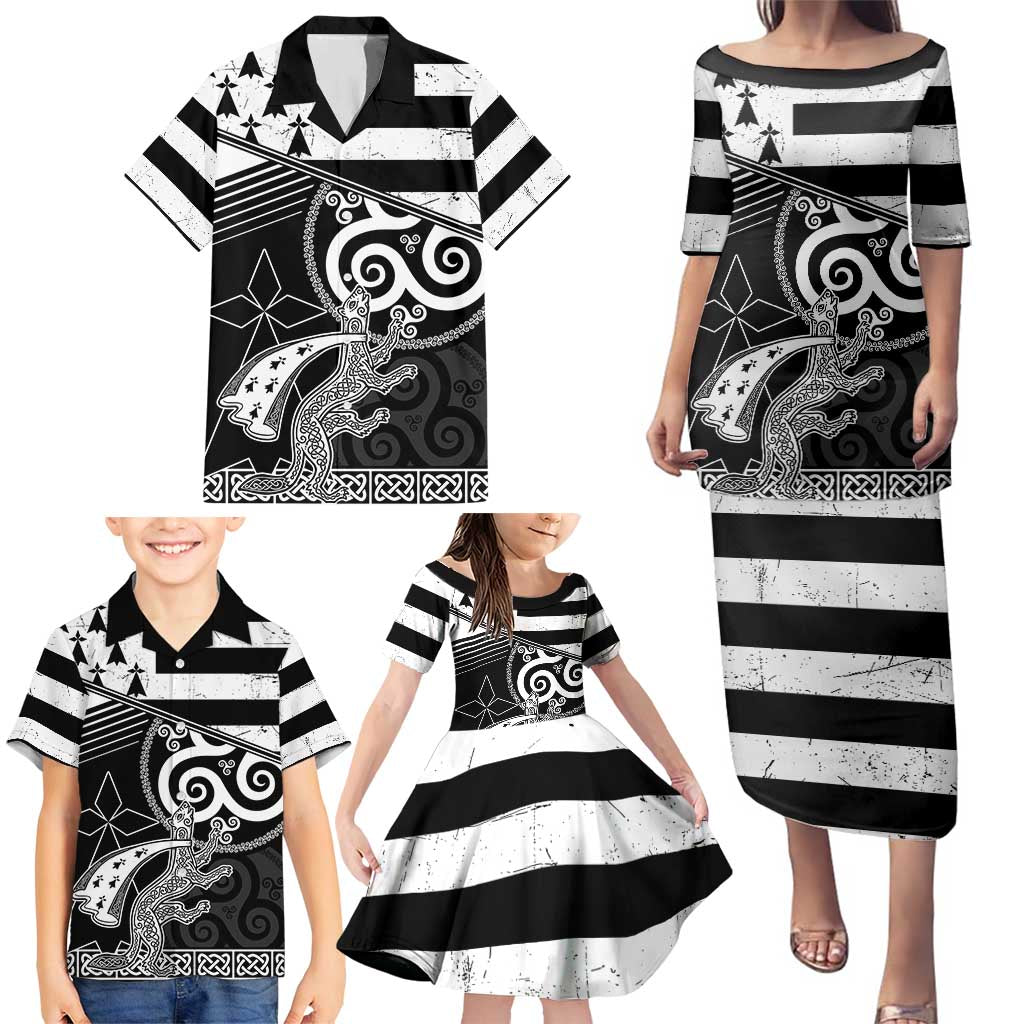 Brittany Ermine Celtic Family Matching Puletasi and Hawaiian Shirt Black Celtic Triskels - Wonder Print Shop