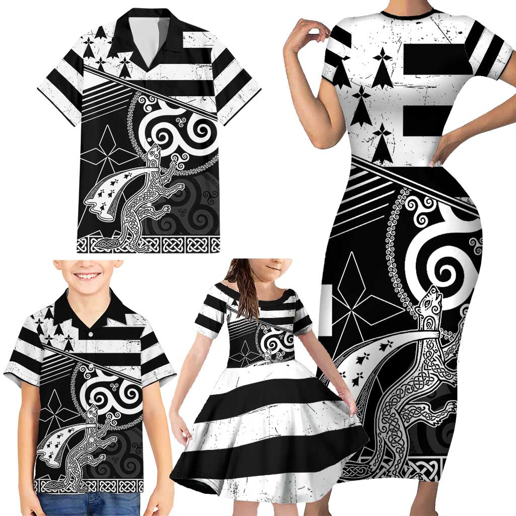 Brittany Ermine Celtic Family Matching Short Sleeve Bodycon Dress and Hawaiian Shirt Black Celtic Triskels - Wonder Print Shop