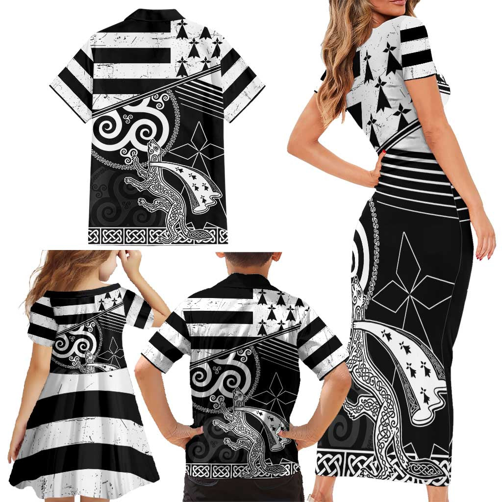 Brittany Ermine Celtic Family Matching Short Sleeve Bodycon Dress and Hawaiian Shirt Black Celtic Triskels - Wonder Print Shop
