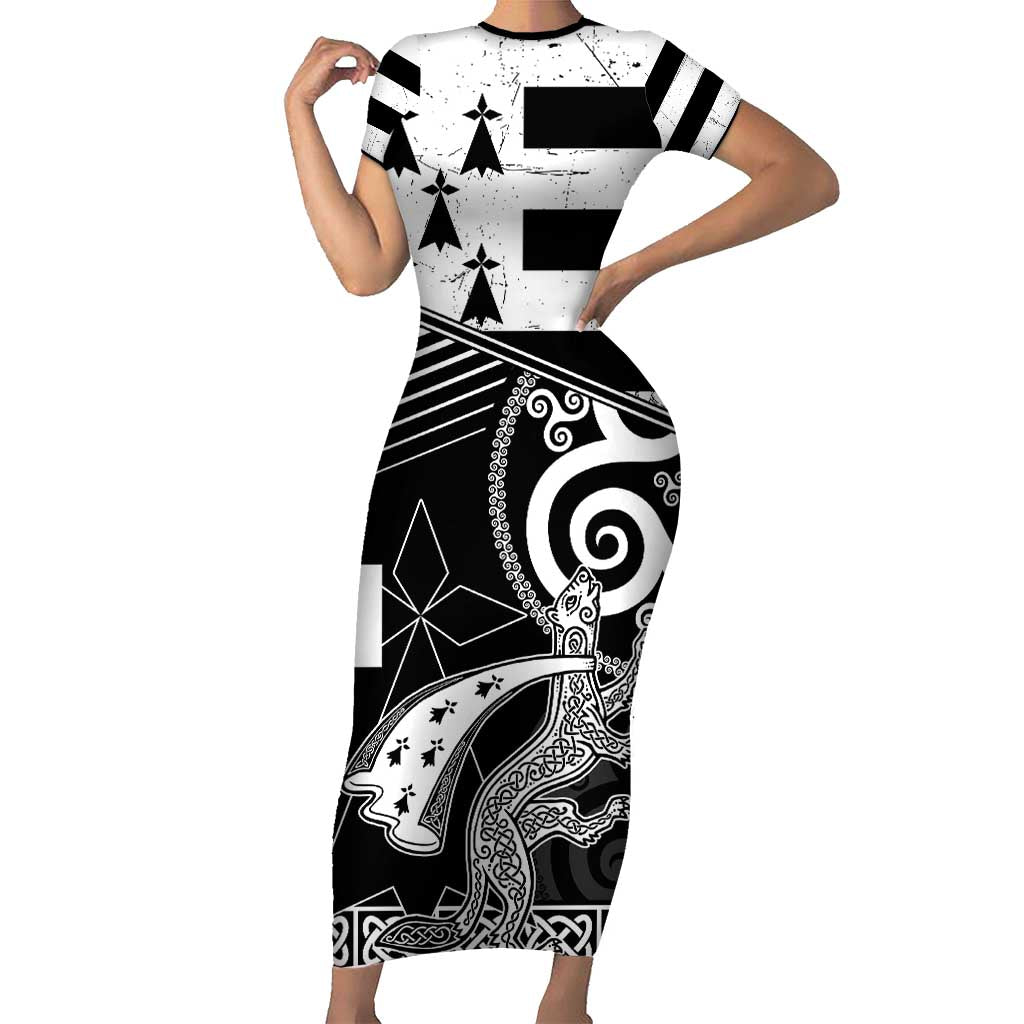 Brittany Ermine Celtic Family Matching Short Sleeve Bodycon Dress and Hawaiian Shirt Black Celtic Triskels - Wonder Print Shop