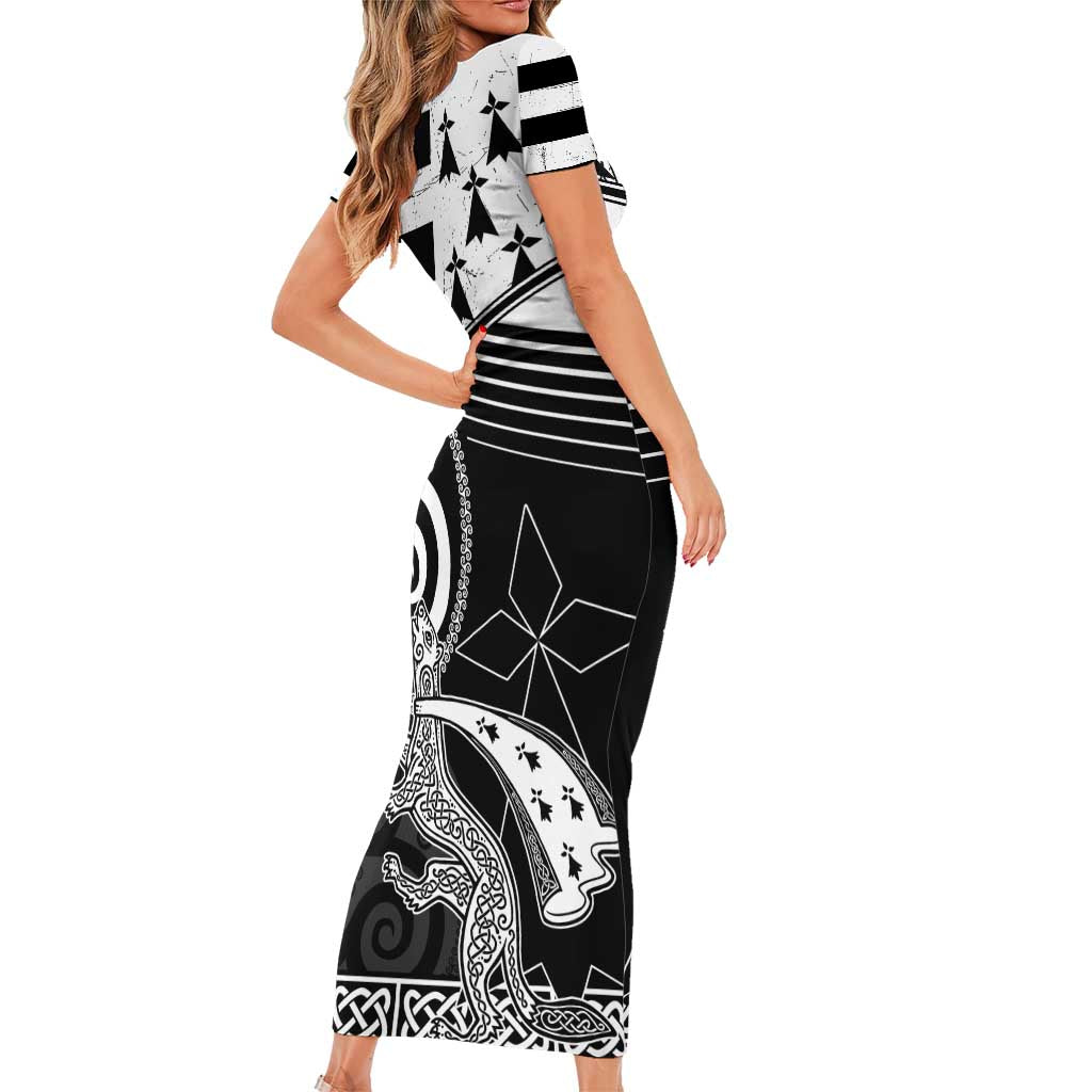 Brittany Ermine Celtic Family Matching Short Sleeve Bodycon Dress and Hawaiian Shirt Black Celtic Triskels - Wonder Print Shop