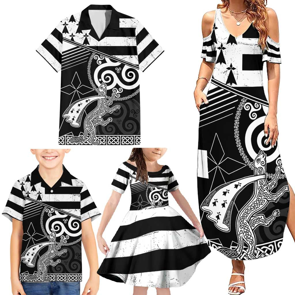 Brittany Ermine Celtic Family Matching Summer Maxi Dress and Hawaiian Shirt Black Celtic Triskels - Wonder Print Shop