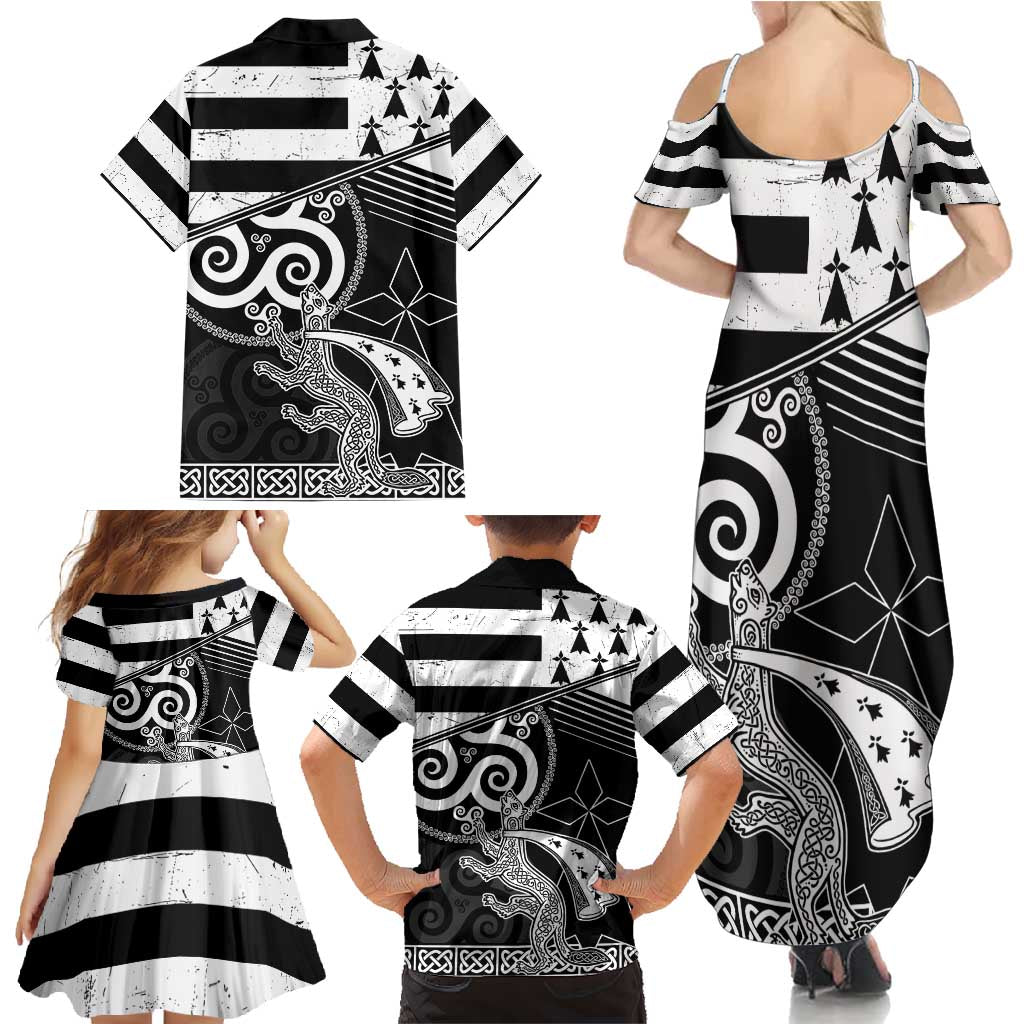 Brittany Ermine Celtic Family Matching Summer Maxi Dress and Hawaiian Shirt Black Celtic Triskels - Wonder Print Shop