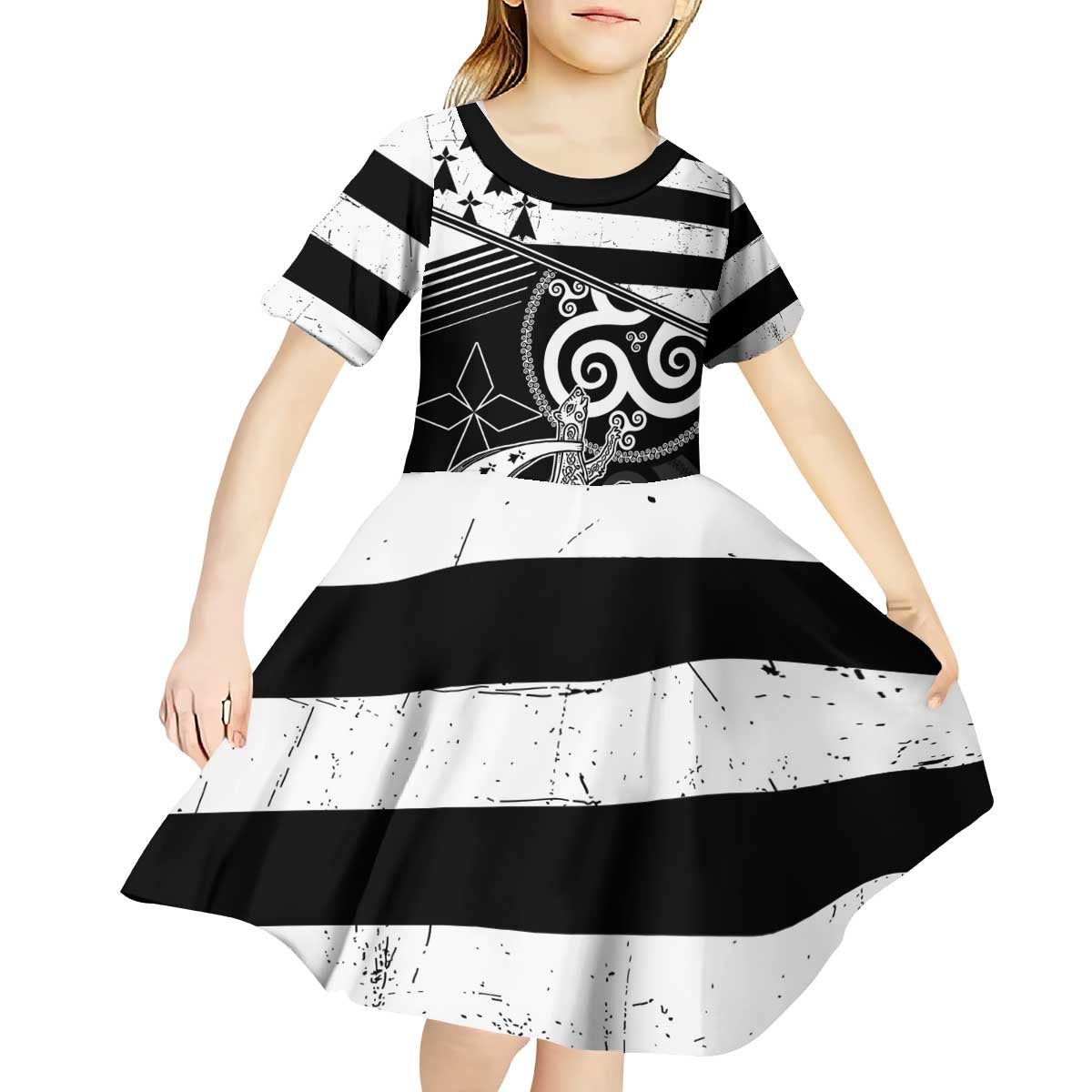 Brittany Ermine Celtic Kid Short Sleeve Dress Black Celtic Triskels - Wonder Print Shop