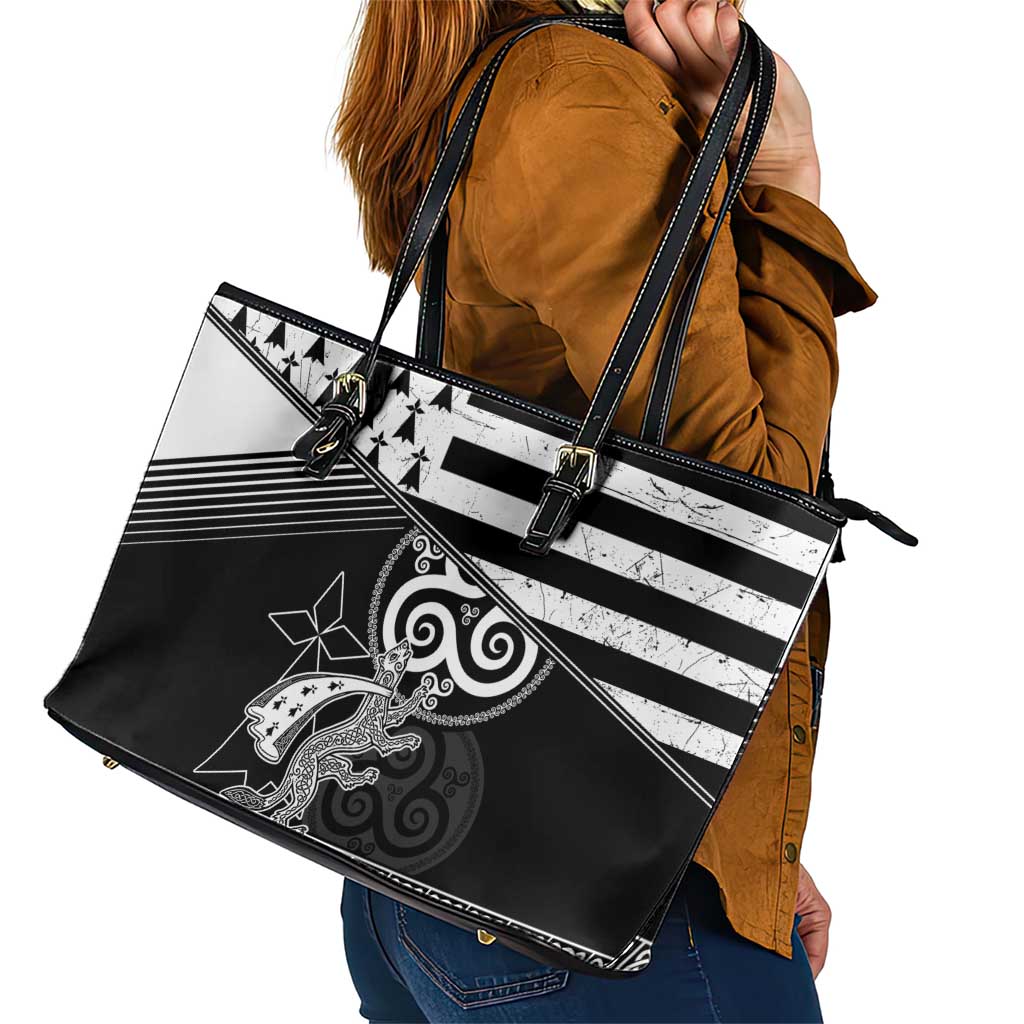 Brittany Ermine Celtic Leather Tote Bag Black Celtic Triskels - Wonder Print Shop