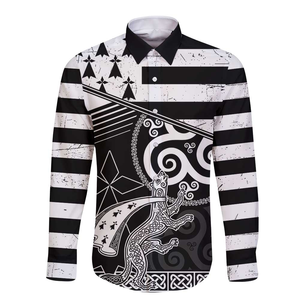 Brittany Ermine Celtic Long Sleeve Button Shirt Black Celtic Triskels - Wonder Print Shop