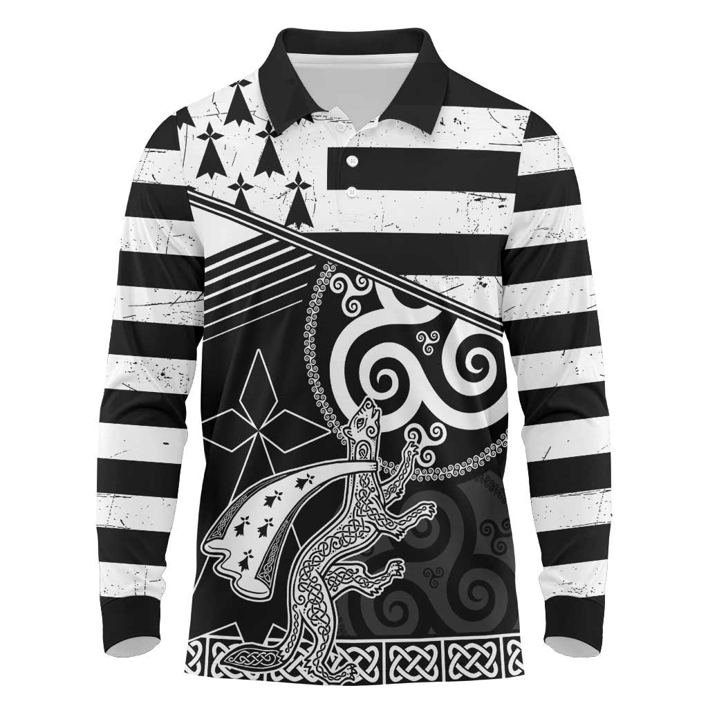 Brittany Ermine Celtic Long Sleeve Polo Shirt Black Celtic Triskels - Wonder Print Shop