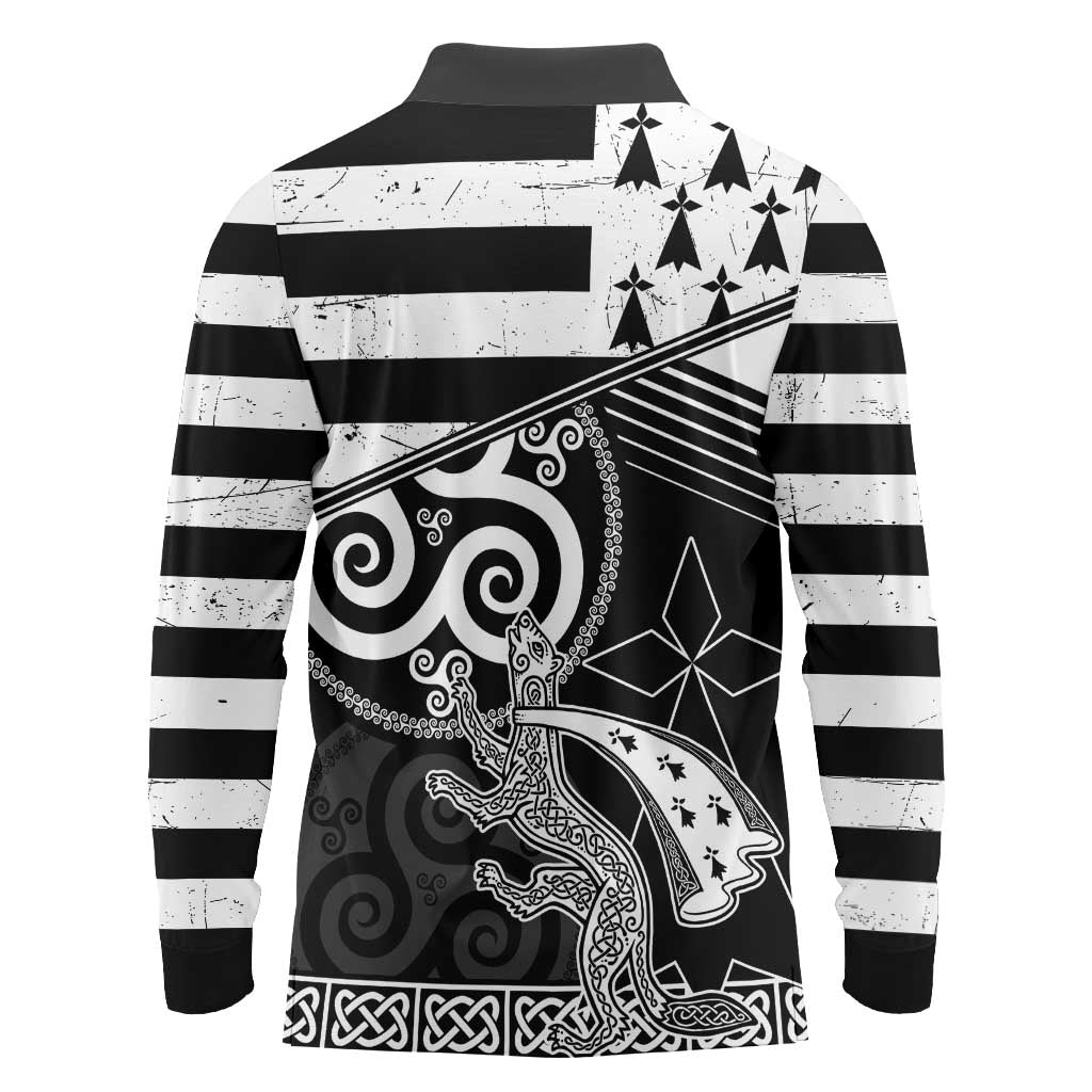 Brittany Ermine Celtic Long Sleeve Polo Shirt Black Celtic Triskels - Wonder Print Shop