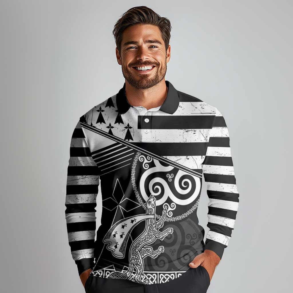 Brittany Ermine Celtic Long Sleeve Polo Shirt Black Celtic Triskels - Wonder Print Shop