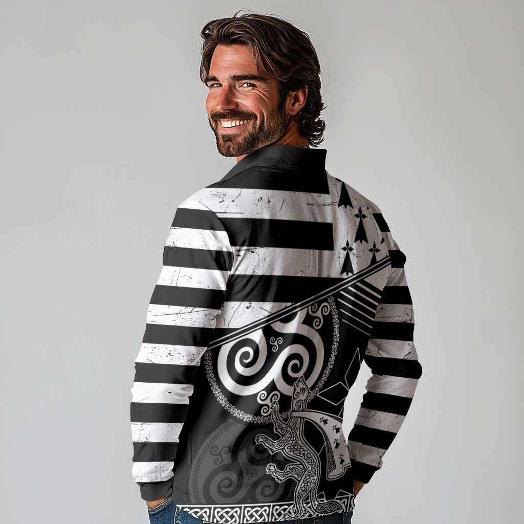 Brittany Ermine Celtic Long Sleeve Polo Shirt Black Celtic Triskels - Wonder Print Shop