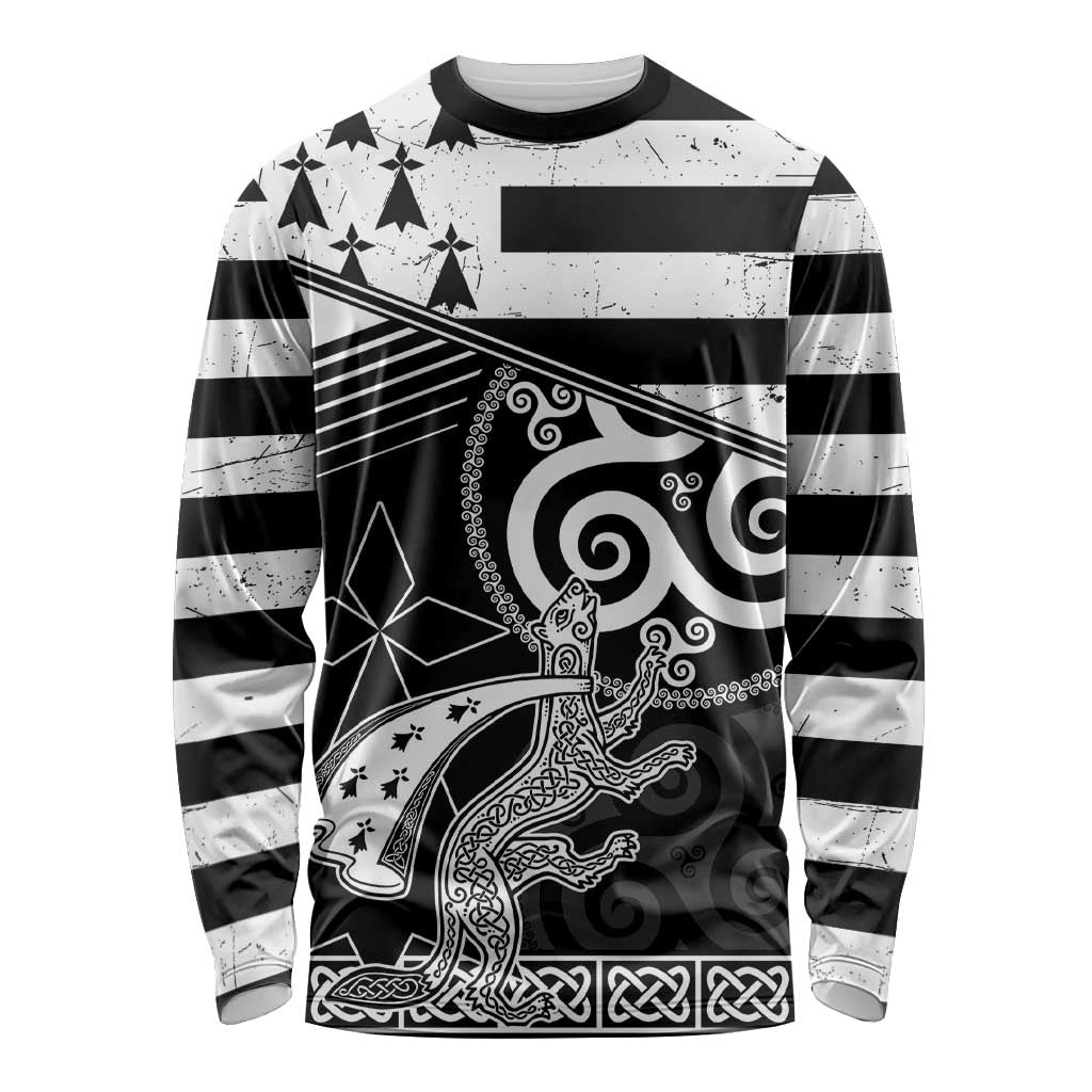 Brittany Ermine Celtic Long Sleeve Shirt Black Celtic Triskels - Wonder Print Shop