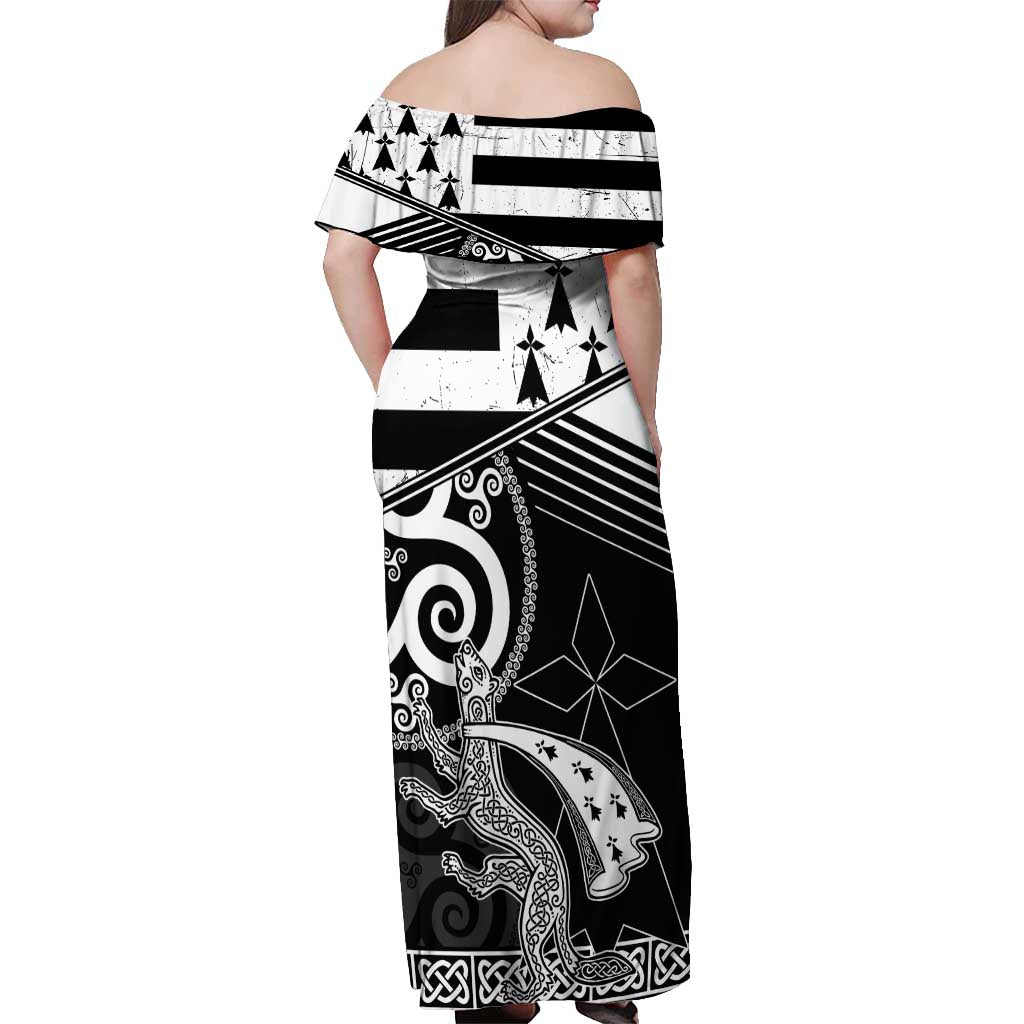 Brittany Ermine Celtic Off Shoulder Maxi Dress Black Celtic Triskels - Wonder Print Shop