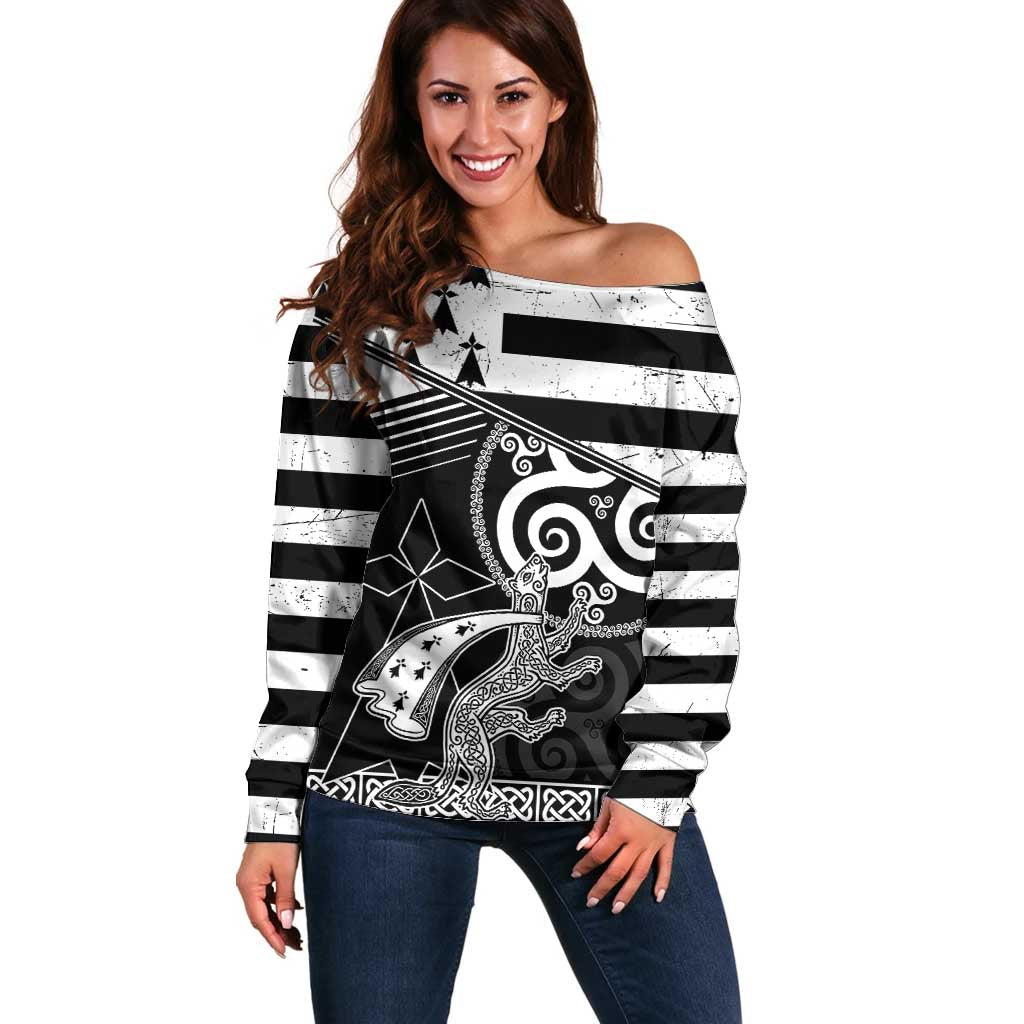 Brittany Ermine Celtic Off Shoulder Sweater Black Celtic Triskels - Wonder Print Shop