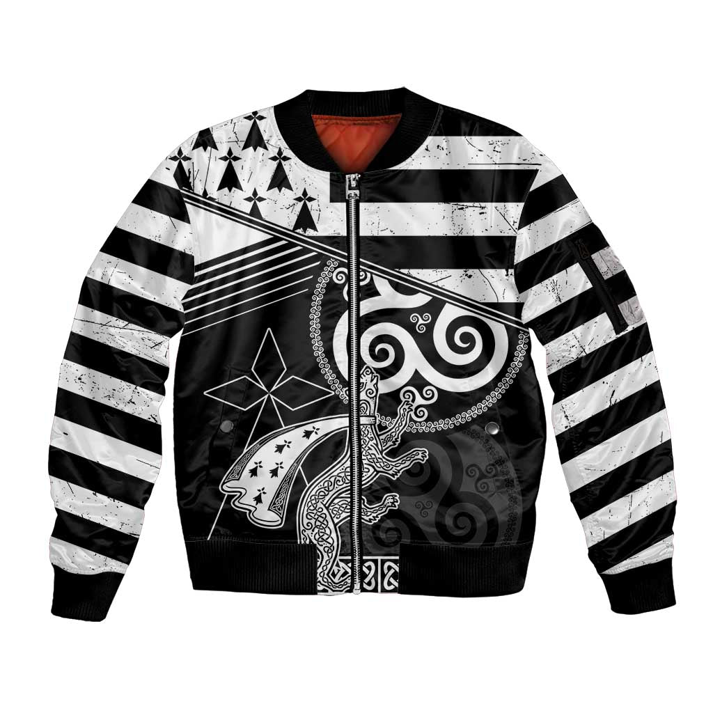 Brittany Ermine Celtic Sleeve Zip Bomber Jacket Black Celtic Triskels - Wonder Print Shop