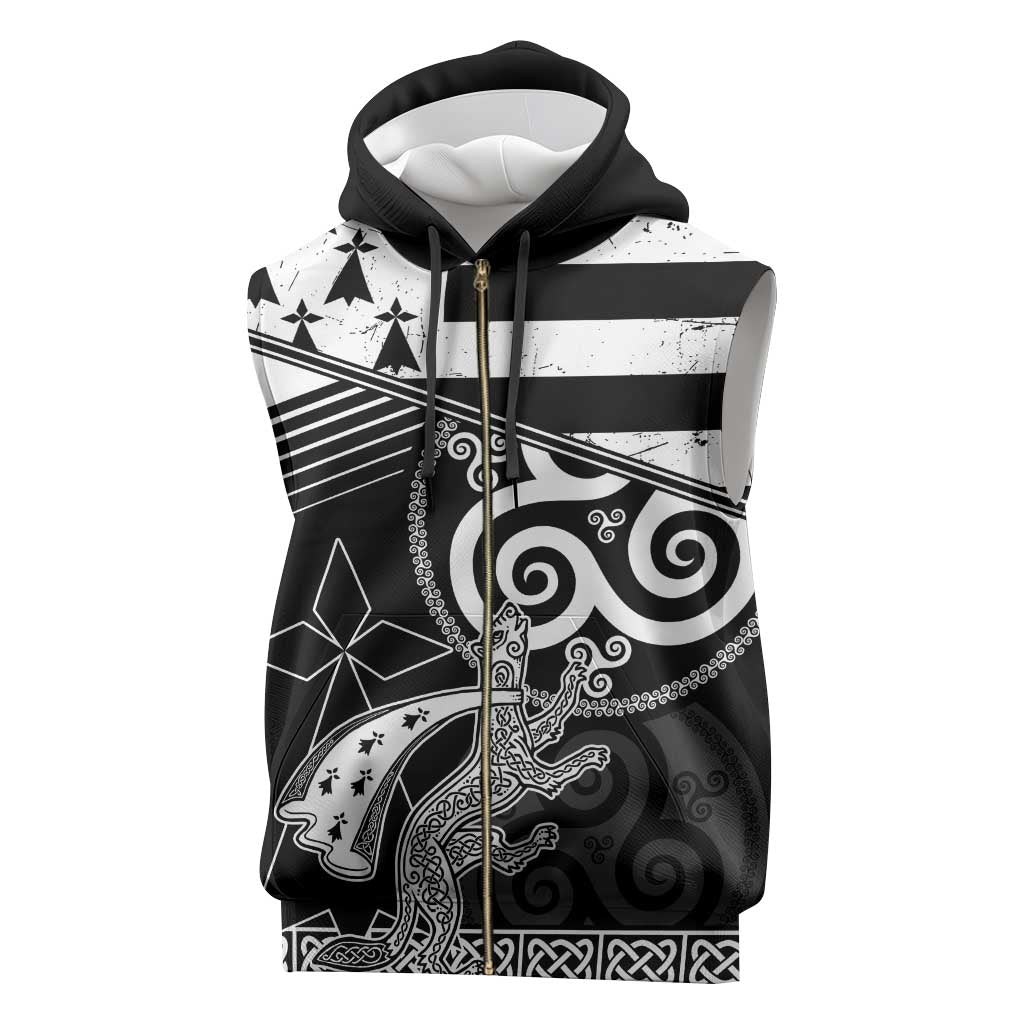 Brittany Ermine Celtic Sleeveless Zip Hoodie Black Celtic Triskels - Wonder Print Shop