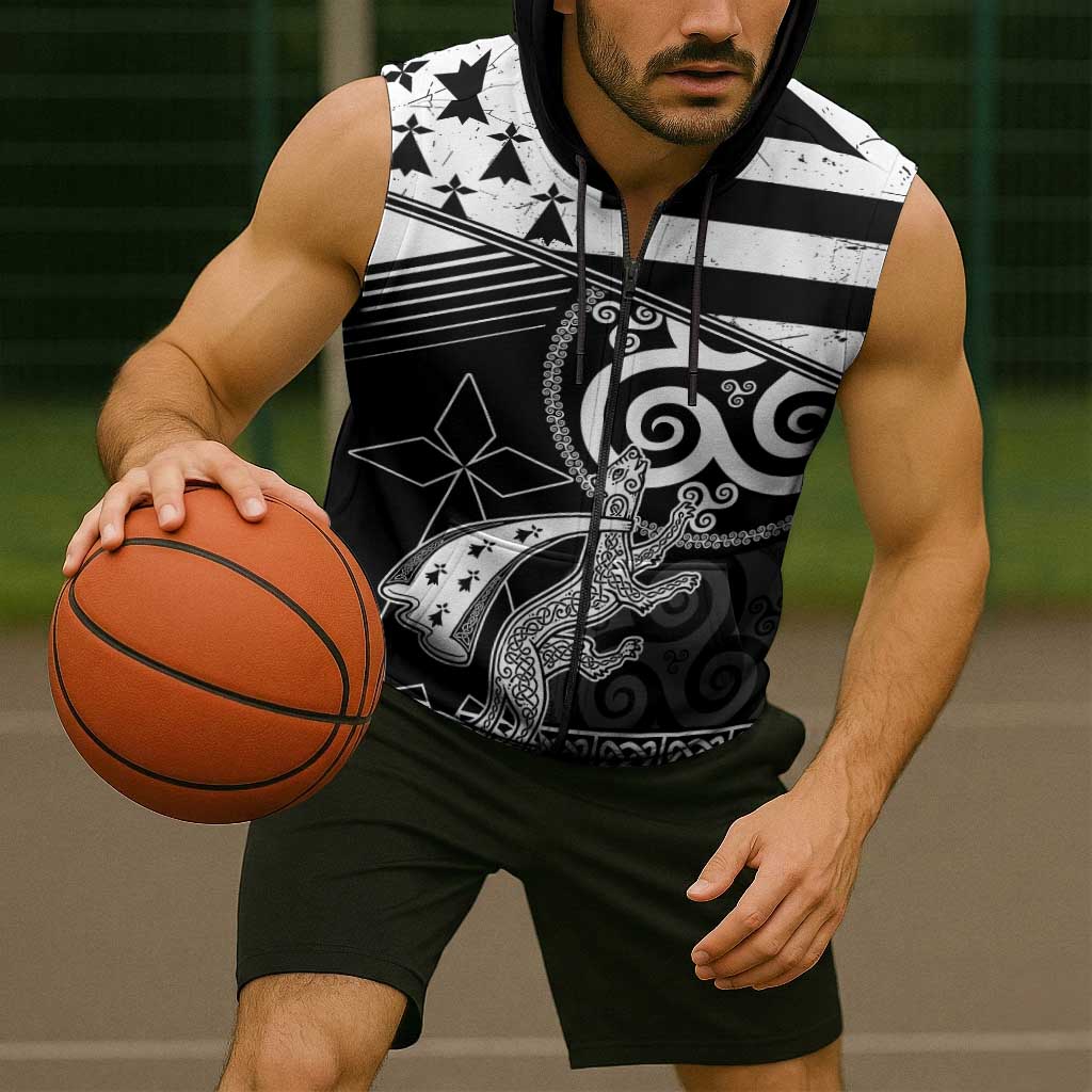 Brittany Ermine Celtic Sleeveless Zip Hoodie Black Celtic Triskels - Wonder Print Shop