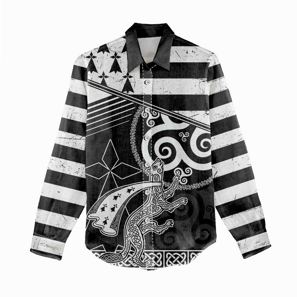 Brittany Ermine Celtic Women Casual Shirt Black Celtic Triskels - Wonder Print Shop