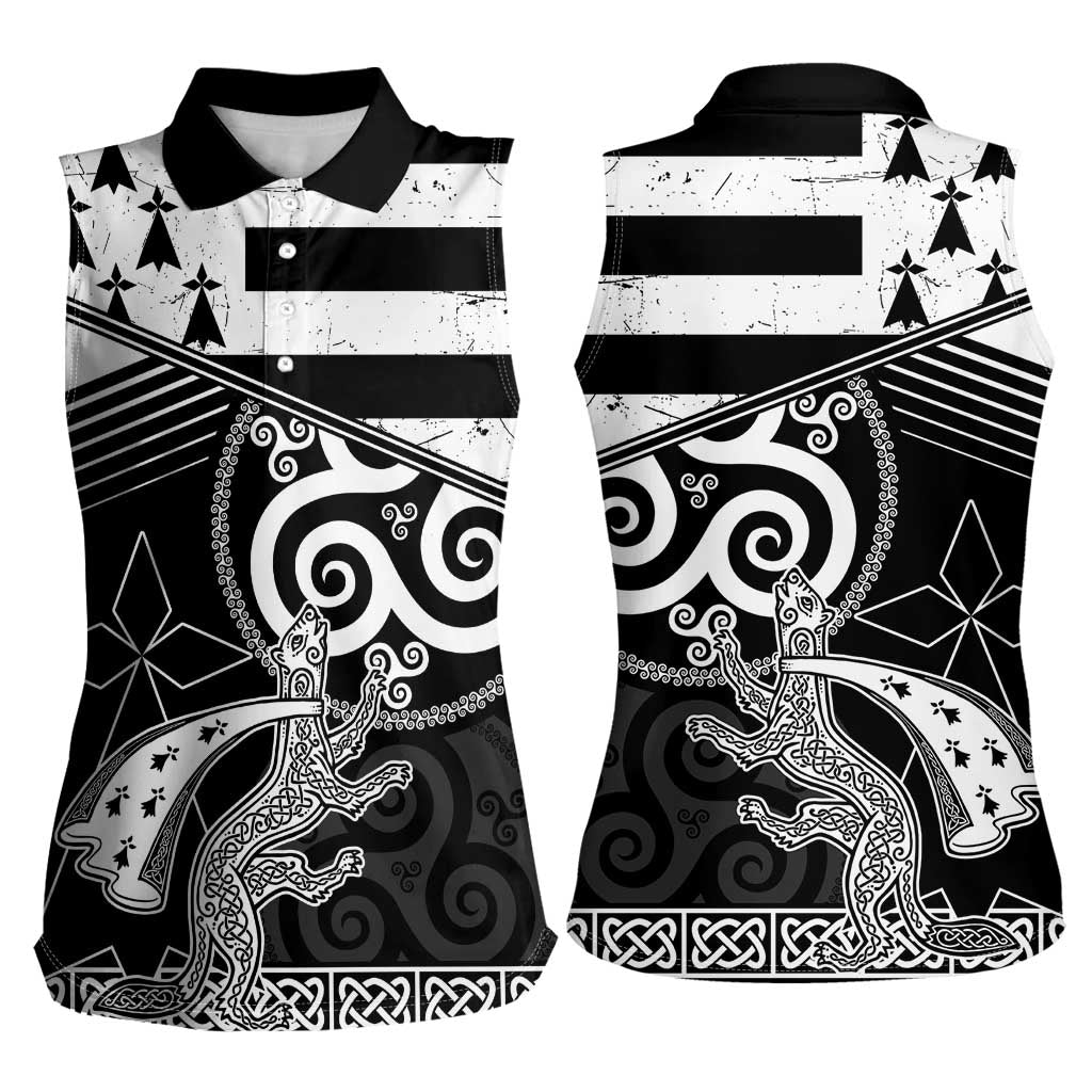 Brittany Ermine Celtic Women Sleeveless Polo Shirt Black Celtic Triskels - Wonder Print Shop