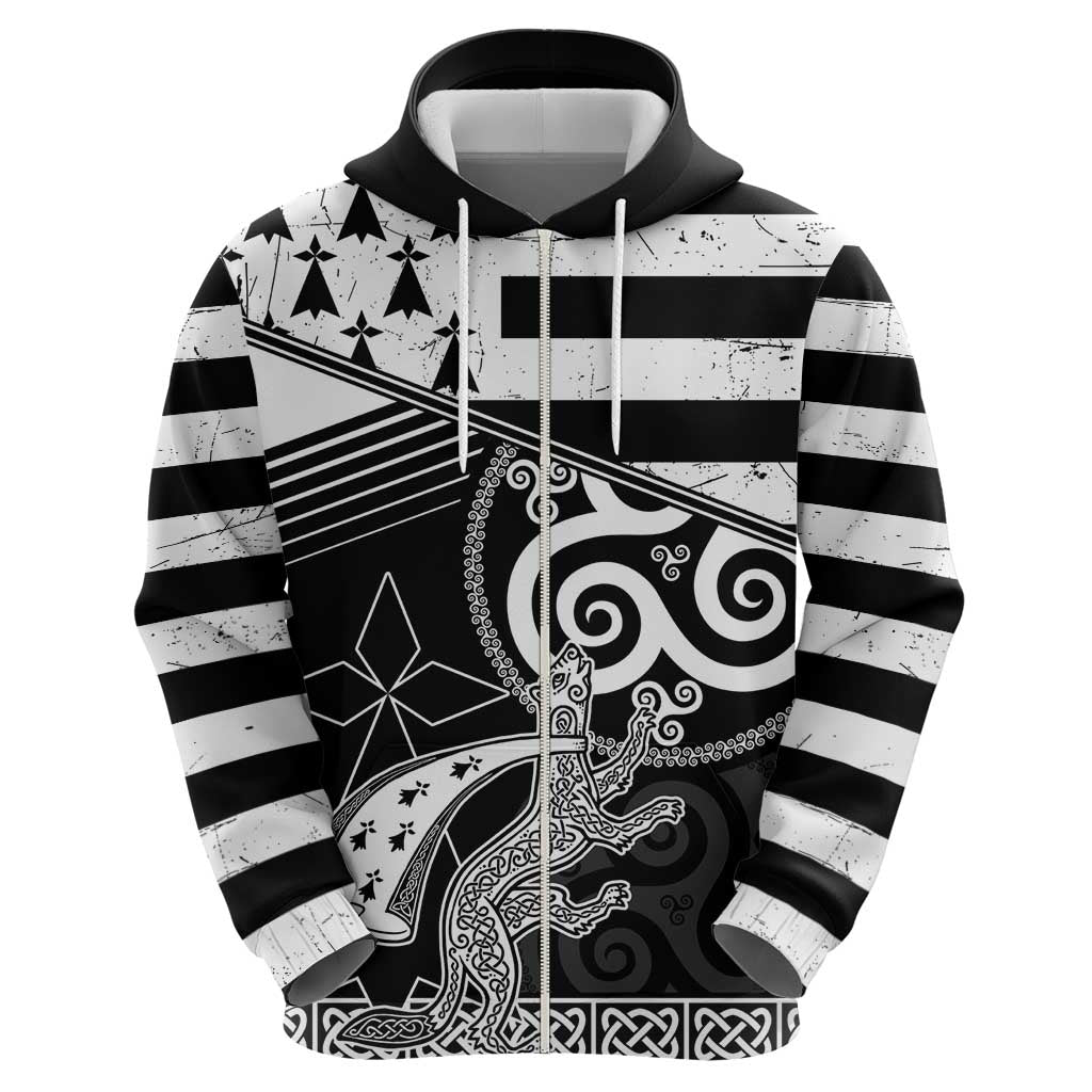 Brittany Ermine Celtic Zip Hoodie Black Celtic Triskels - Wonder Print Shop