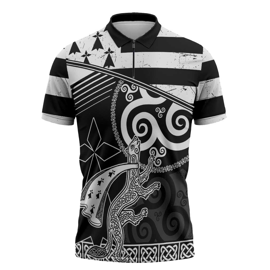 Brittany Ermine Celtic Zipper Polo Shirt Black Celtic Triskels - Wonder Print Shop